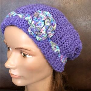 Ladies winter slouchy hat hand made with flower #350